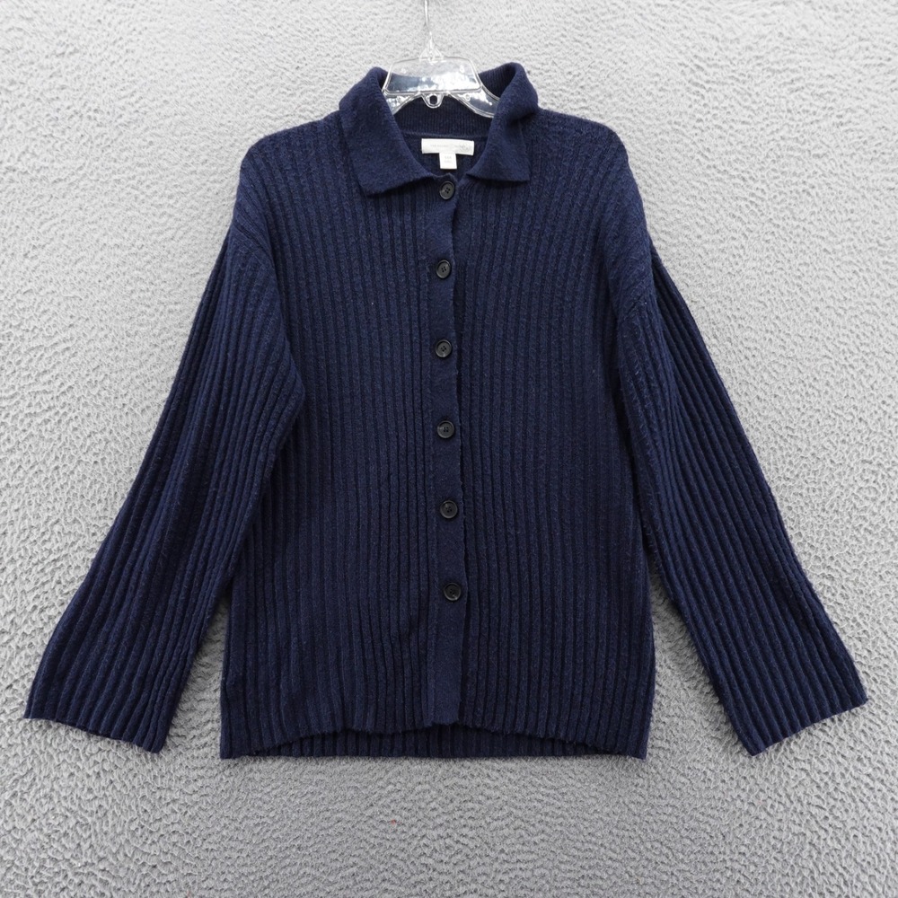 Treasure & Bond Womens Blue Ribbed Knit Polo Collar Cardigan XXS Oversized NEW